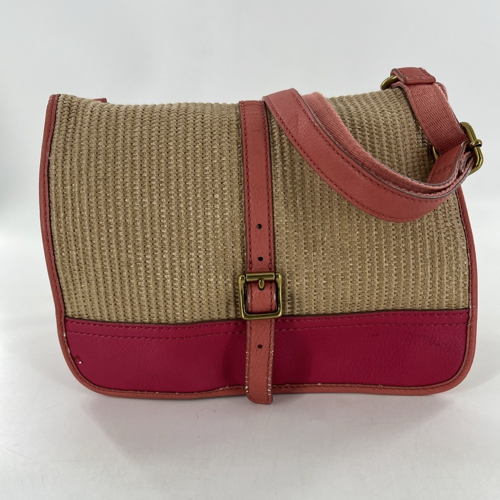 Rare Vintage Fossil Crossbody Messenger Straw & Leather Tablet Bag Pink Coral - Picture 1 of 16
